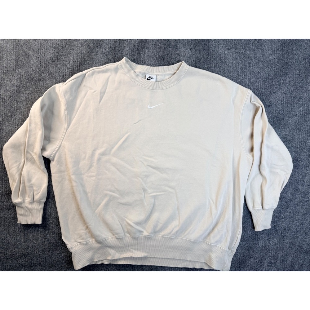 Nike Mens Large Beige Tan Fleece Crewneck Sweatshirt Embroidered Swoosh Pullover